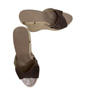 Brown Open-Toe Wedge Sandals With Fabric Straps & Jute Heel Size 8 Pre-Owned
